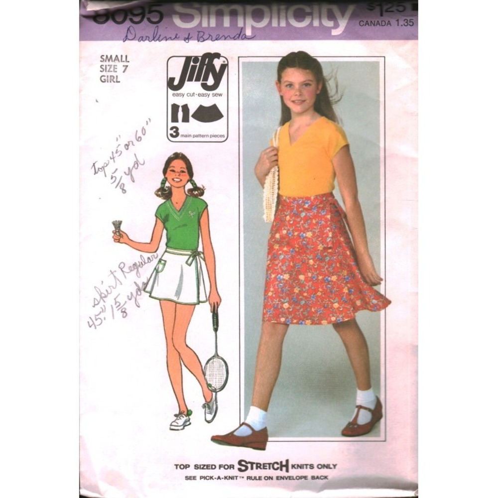 Vintage 1977 Simplicity 8095‎ Jiffy Girls Top Wrap Skirt Pattern Size 7 Small